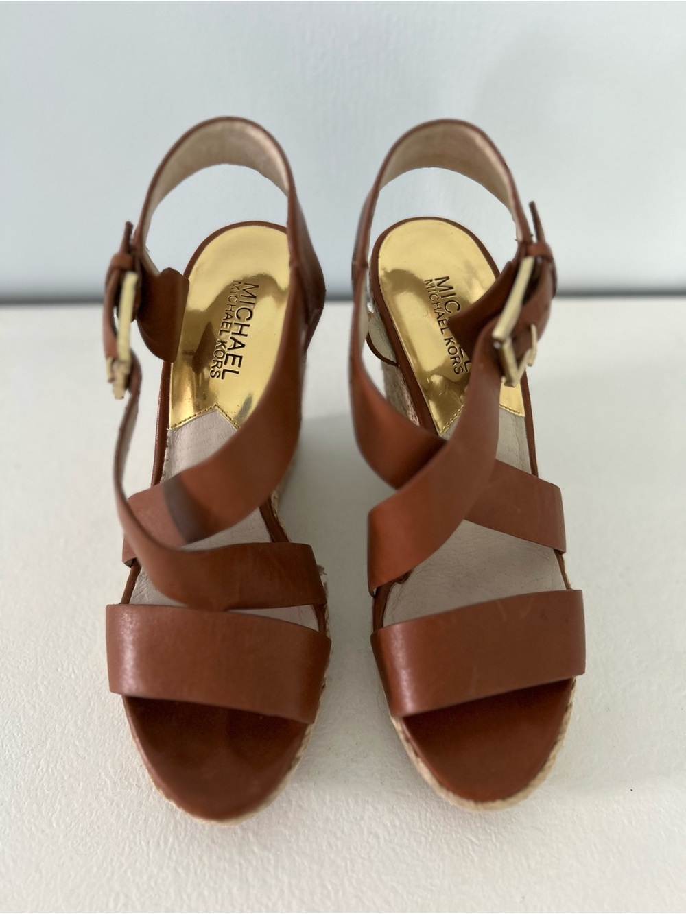 MICHAEL Michael Kors Brown Leather Espadrille Wedge Sandals with Gold Buckle - Picture 2 of 8